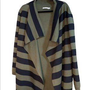 Frnch Size Medium/Large Olive & Black Stripped Open Front Drape Cardigan Pockets